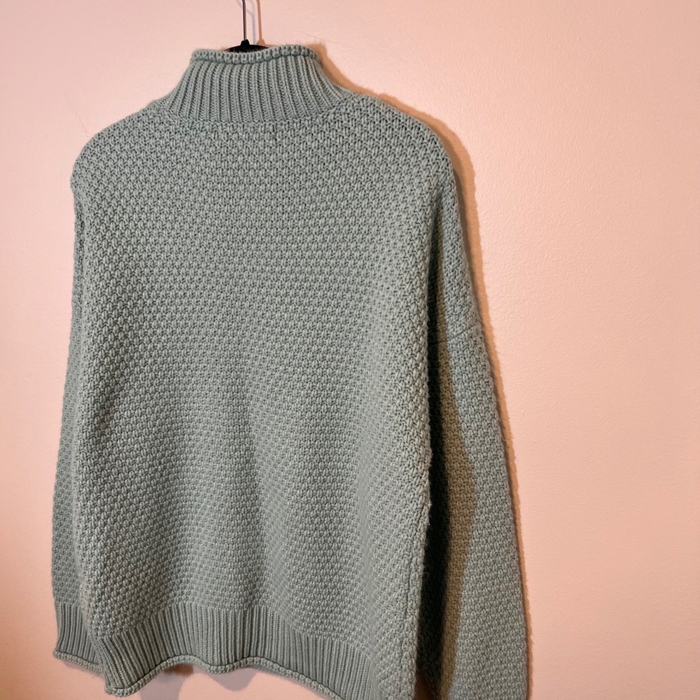 Womens Cozy Winter Sweater in Aqua Blue  Mock‎ Neck Heavy Warm Ribbed Knit Large - Picture 14 of 14